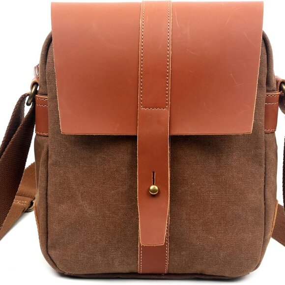 Genuine Leather & Waxed Canvas Crossbody Bag – 10-Inch, Waterproof & Durable - Picture 1 of 8